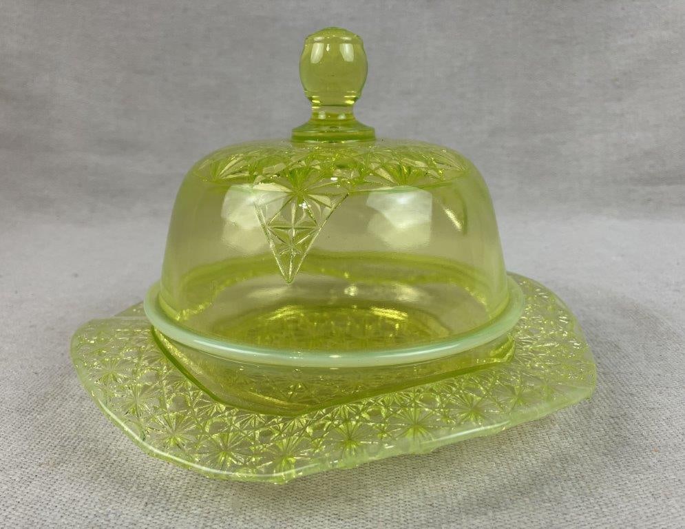 Mosser "Queen Daisy and Button" Uranium Glass Covered Butter Dish - 4
