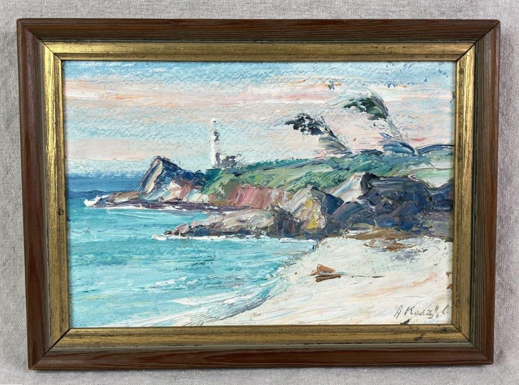 Coastal Landscape Oil Painting: Oil on canvas with paint applied in an impasto style, incorporating palette knife work and contrasting brushwork. Rendered predominantly in soft blues and greens with hints of deeper blues and muted