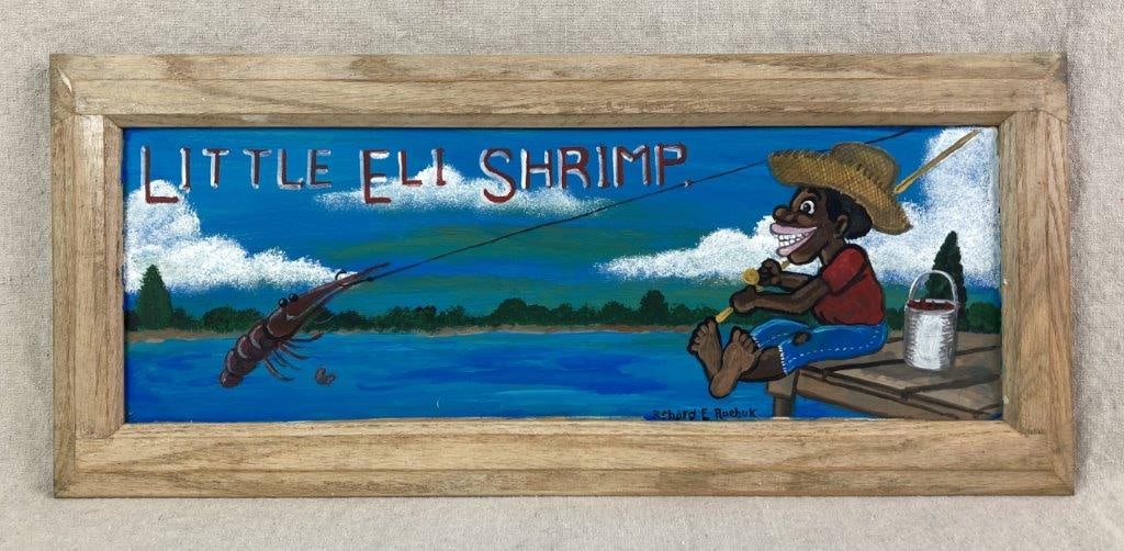 Little Eli Shrimp by Richard E. Roebuck: A Black Americana folk art painting depicting a man fishing on a dock with shrimp. Roebuck, who was deeply influenced by the artistic style of his mother, Sally Pearl, captures a scene characteristic