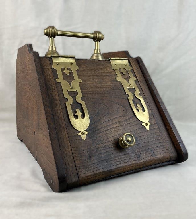 Late 19th Century Coal Scuttle: Distinguished form with fine brass decoration and a rich deep wood patina. Measures approximately 13 7/8" H x 11 5/8" W x 16" D. Good condition. Wood in interior section seems to be a newer addition. 