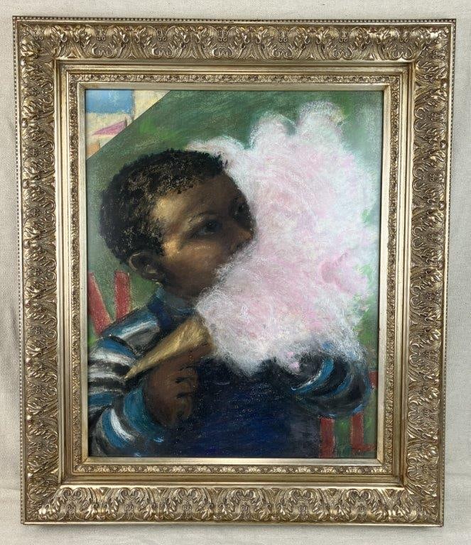Bill Key, Childs Portrait, Oil Pastel Drawing: Oil pastel portrait depicting a African American boy holding cotton candy, rendered with expressive eyes and a vibrant color palette, showing the influence of master painters. Bill Key (1937-2005)