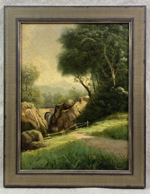 Landscape, Oil Painting: An oil painting on canvas depicting a serene landscape with a dirt path leading toward a bridge in the background, surrounded by lush greenery and finely rendered lighting. Signed