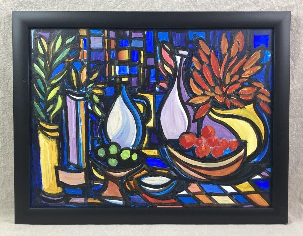 Walter Taft Bradshaw, Abundantly Colorful II, Still Life Painting: A vibrant still life painting depicting potted plants, bowls of fruit, and vases set against a grid-pattern background rendered in blue, purple, red, yellow, and orange tones. Titled Abundantly