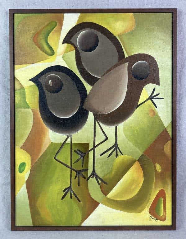 Peeps, Katerina Musetti, Oil Painting: An oil on board mid-century painting depicting three birds with exaggerated rounded bodies and spindly legs, set against a background of organic and geometric shapes in green, yellow, and orange.