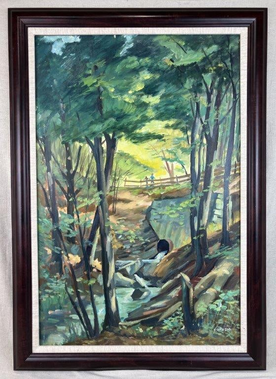 Joseph Lorusso, Landscape, Oil Painting: Oil on canvas depicting a river landscape in a forest setting with figures crossing a bridge in the distance, rendered with confident gestural brushwork and vibrant earth tones. Housed in a wood