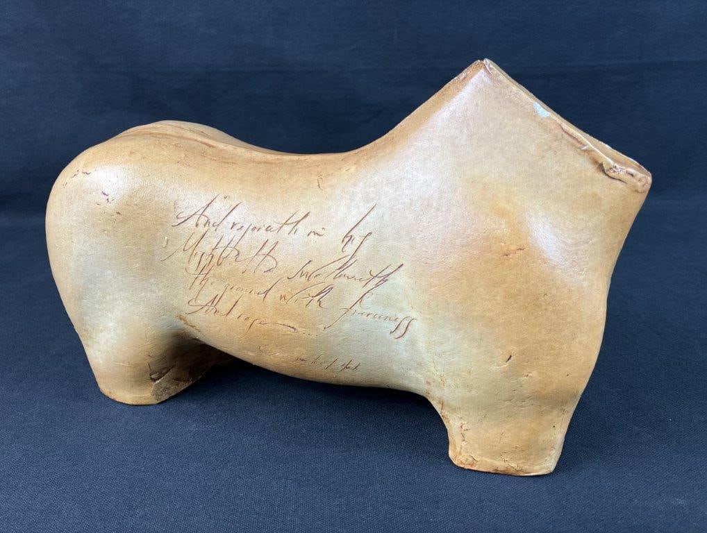 Fine Art Pottery Horse Sculpture: Fine art ceramic sculpture in the form of a horse, reflecting an artistic interpretation inspired by historical Southern potters such as those who inscribed biblical scripture on vessel surfaces.