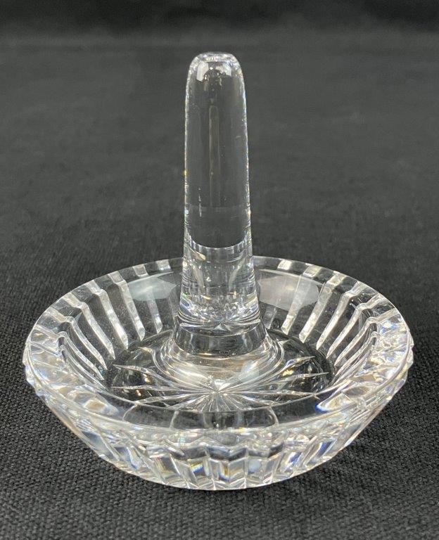 Waterford Crystal Ring Holder: Circular ridged tray in clear luminous crystal, ideal for jewelry storage. Measures approximately 3 1/4" H x 3" diameter. Good condition. 