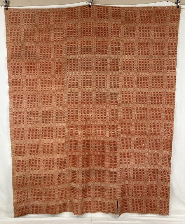 Overshot Coverlet, 19th Century: A hand-loomed textile featuring a striking optic geometric pattern in rich earthy red and natural tones. This piece demonstrates exceptional early American weaving artistry, with the complex overshot