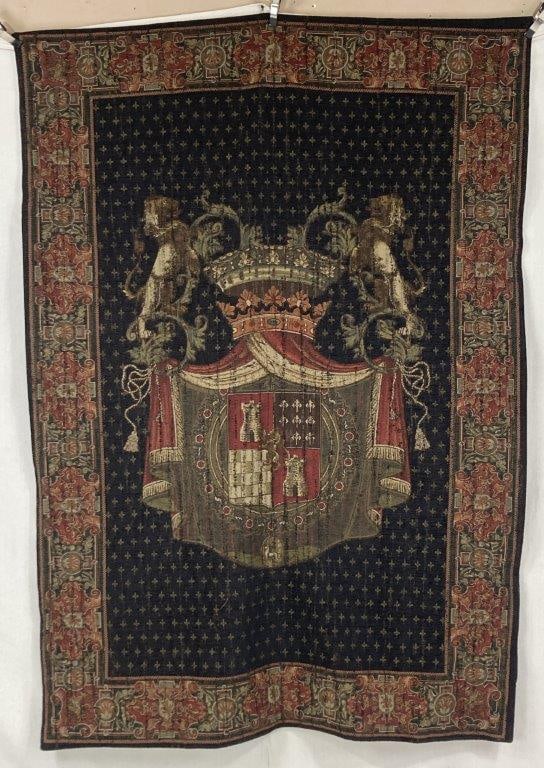 Point d'Aubusson Belgium Crest Tapestry: An Orbis Traders Imports Inc. hanging featuring a majestic Belgian crest in deep burgundy and rich royal blue tones. The composition centers on a royal coat of arms flanked by two rampant lions,