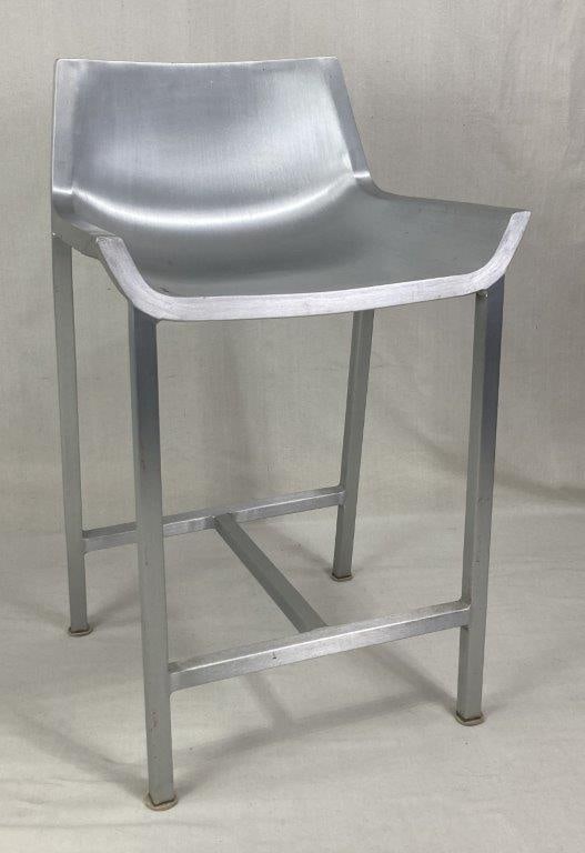 Emeco Sezz Barstool Designed by Christophe Pillet: Contemporary Sezz barstool designed by Christophe Pillet for Emeco, featuring brushed aluminum construction with a streamlined and minimalist form. The stool reflects Pillet’s refined