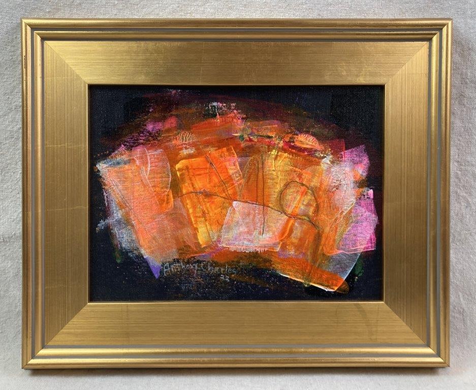 Anthony Charles, Concert for the Deaf, Acrylic Painting: An abstract acrylic painting on canvas board featuring a dynamic composition of layered colors primarily in orange, pink, and yellow, with a stick figure posed in the center set against a black