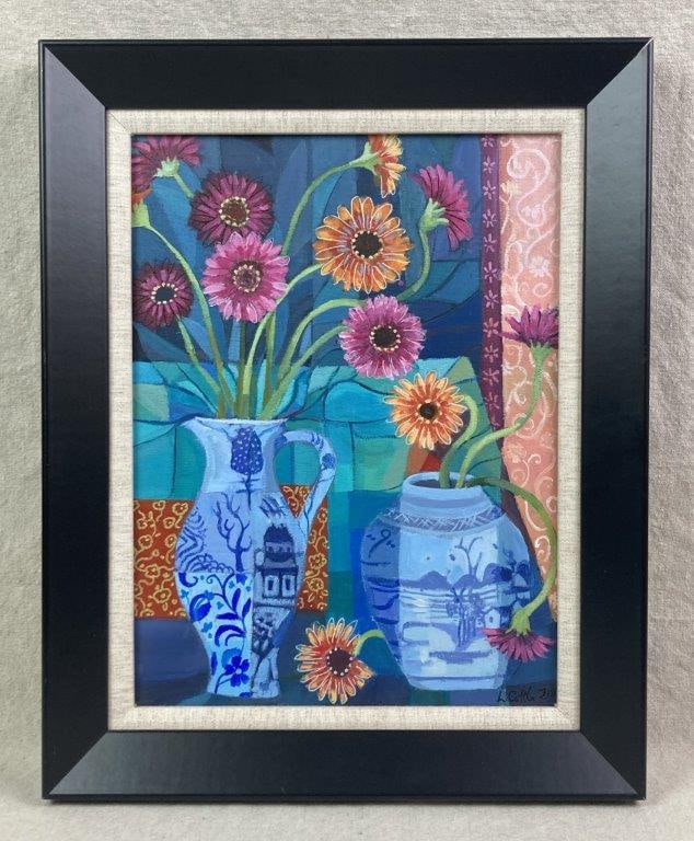 Lesley A. Cottle, Gerber Meets Blue and White, Oil Painting: A still life oil painting depicting potted flowers, with the blue pots decorated with floral motifs and nature scenes featuring houses. The composition is set against a geometric background in blue