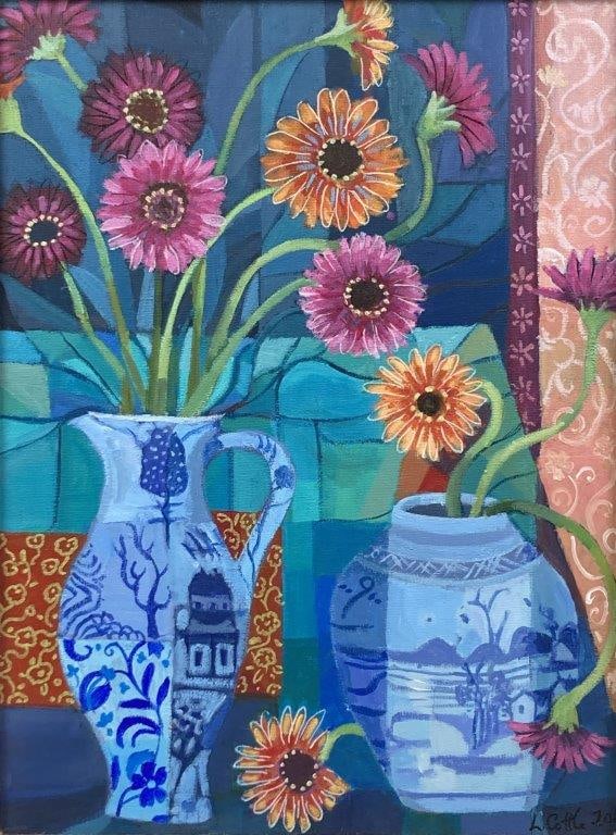 Lesley A. Cottle, Gerber Meets Blue and White, Oil Painting - 2