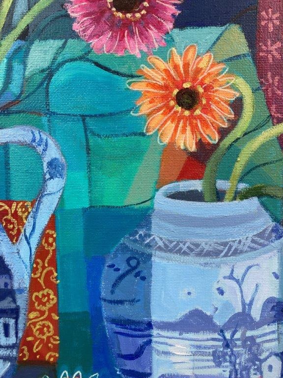 Lesley A. Cottle, Gerber Meets Blue and White, Oil Painting - 3