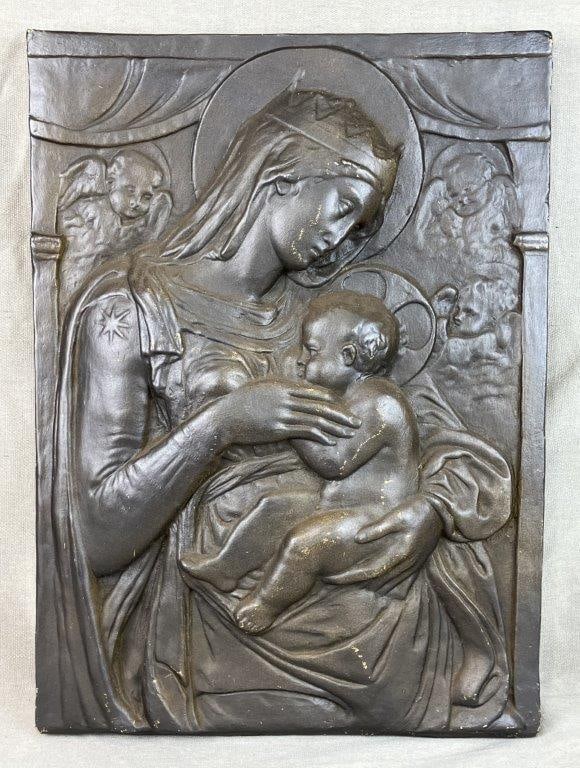 Italian Vietri Terracotta Virgin and Christ Child Plaque: Relief plaque depicting the Virgin Mary and Christ Child in a late Gothic or early Renaissance inspired style. Executed in terracotta with a rich deep brown finish. Measures approximately 22
