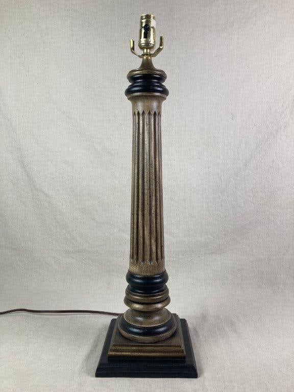 Pair of Wooden Column Table Lamps: Pair of table lamps with a classic fluted column shaft and rustic hand-painted finish, accented with black details on the stepped base and capital. Measures approximately 27" H x 7 1/2" W x 7 1/2" D.