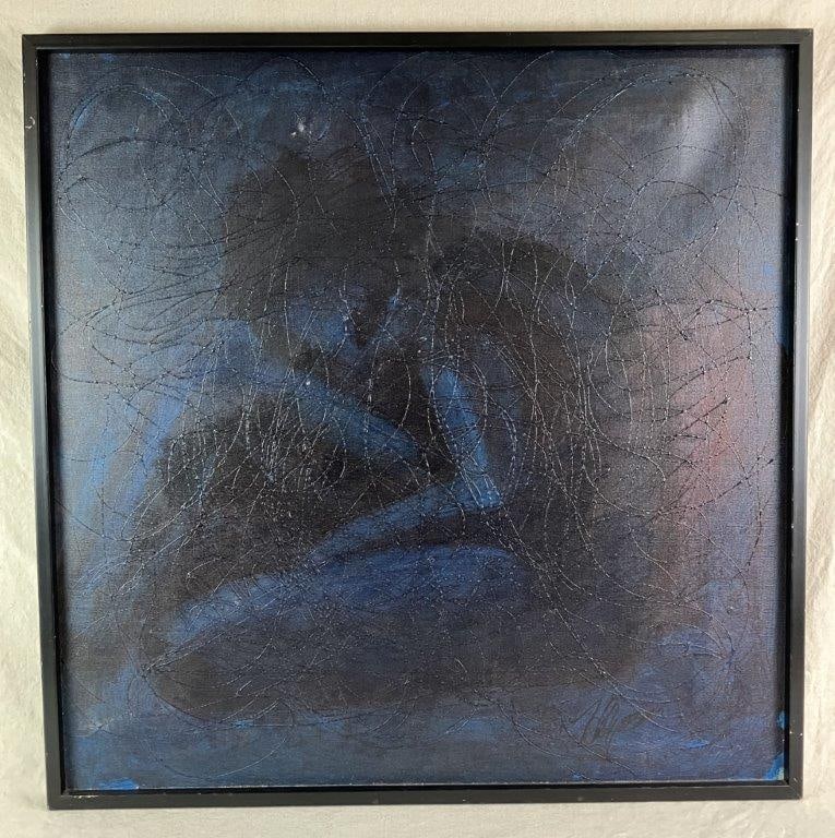 Mid-Century Modern Figure in Blue Abstract Painting: Oil on canvas depicting a solitary figure curled in a moment of deep introspection or repose. A somber, moody palette of deep blues, grays, and black creates a dramatic chiaroscuro effect, with a web