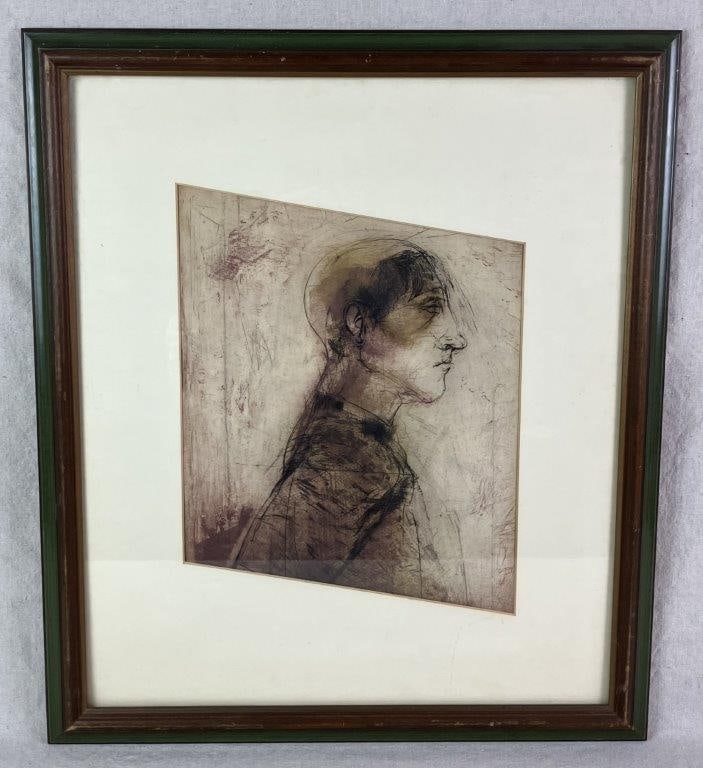 Profile Portrait of Man Etching: Intaglio print presenting a highly expressive and psychological portrait characteristic of 20th century modernism. The classic profile view of a man is composed of a dense web of fine, scratchy