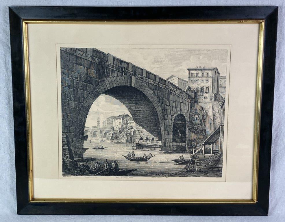 Italian Luigi Rossini Ponte Ferrato Bridge Etching, 1822: 19th century etching executed by Luigi Rossini (1790–1857), showcasing expert linework and careful rendering of the iconic bridge and waterway with figures navigating the canal in boats. The