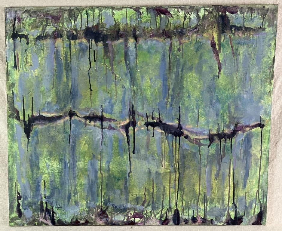 Mid-Century Modern Abstract Painting: Acrylic on canvas with a background composed of layered washes of chartreuse, lavender, and pale blue. The composition features two horizontal bands of deep purple and black from which thick paint is