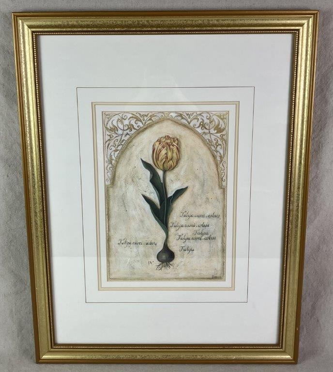Tulip Print, Shelley Hely: Print after Australian artist Shelley Hely, depicting a single detailed tulip specimen including its bulb and roots, surmounted by an Art Nouveau style archway. The artist’s signature,