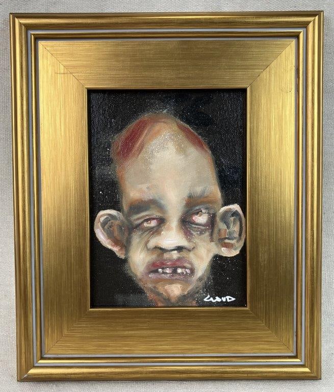 M. Cloud Forest Dingle Portrait Oil Painting: Oil painting depicting a grotesque-style portrait with gestural, expressive features. Executed by an outsider artist and signed on the front and reverse, with date 2024 and title noted on the