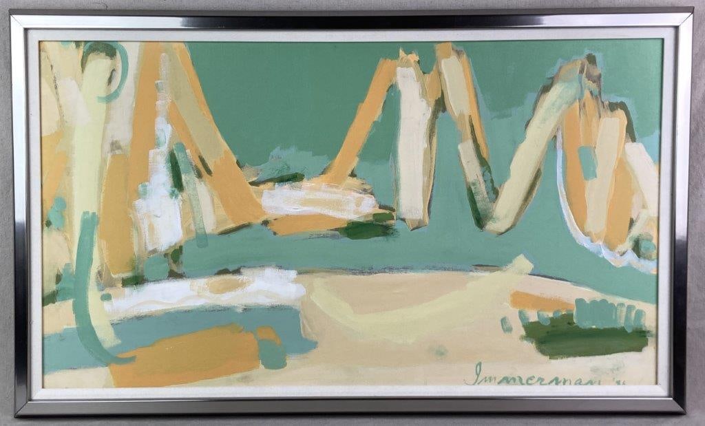 David Immerman, Finding Home, Oil Painting: An abstract oil painting on canvas titled Finding Home, featuring a gestural application of green, peach, and yellow tones. Signed “Immerman 86” on the lower right and housed in a silver