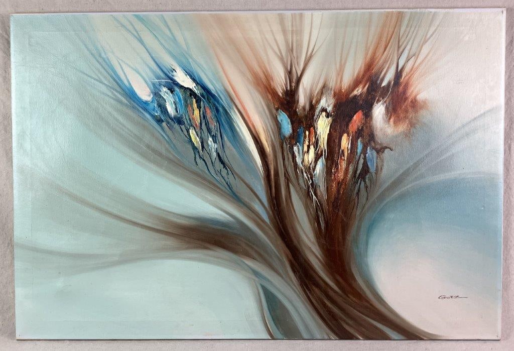 Guez Abstract Oil Painting, Mid Century Modern: Mid-century modern oil painting defined by gestural Abstract Expressionist brushwork. Signed by the artist lower right. The composition features dynamic, colorful brushstrokes combining earth tones