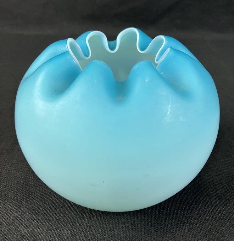 Victorian Satin Glass Rose Bowl: Victorian era rose bowl in soft blue or cerulean tones with a satin finish with a crimped rim and rounded form. Measures approximately 5" H x 4 1/2" diameter. Good condition with minor surface wear