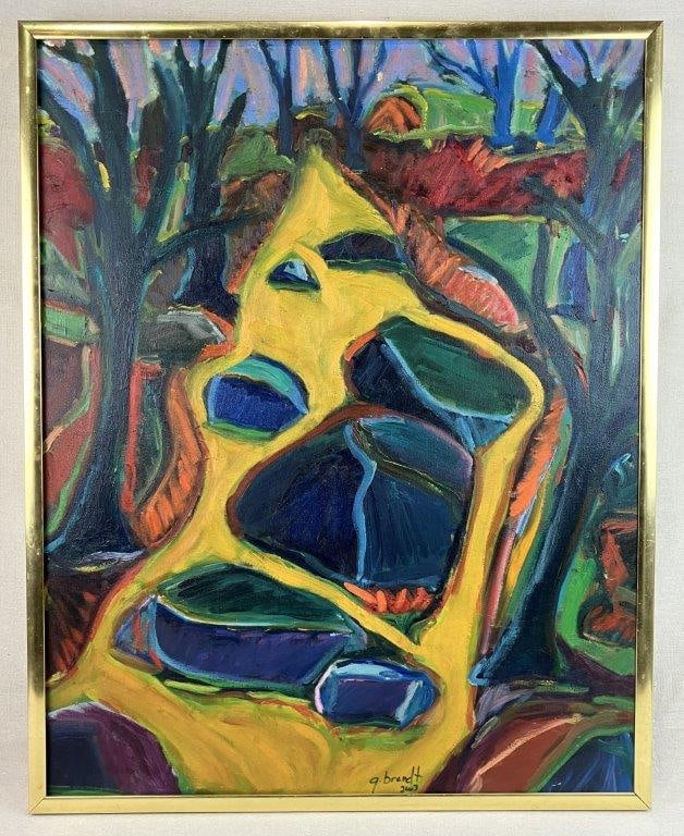 Abstract Landscape Oil Painting, 2003: Postmodern oil painting signed “G. Brandt” and dated 2003, executed in an expressive style with historical expressionist influence. The composition features a vibrant color palette with