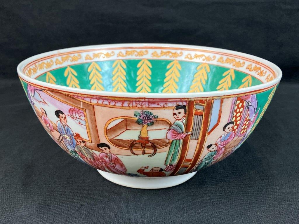 Chinese Handpainted Porcelain Export Bowl: Chinese export porcelain bowl featuring an enamel decorated surface with hand-painted green leafy motifs to the interior surrounding a central medallion depicting a landscape with domestic dwelling.