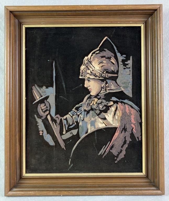 A Man in Armour Velvet Painting after Rembrandt van Rijn: Mid-century modern black velvet painting, reproduction of the famed oil painting A Man in Armour by the Dutch master Rembrandt van Rijn. Executed with oil paints on black velvet canvas, the subject
