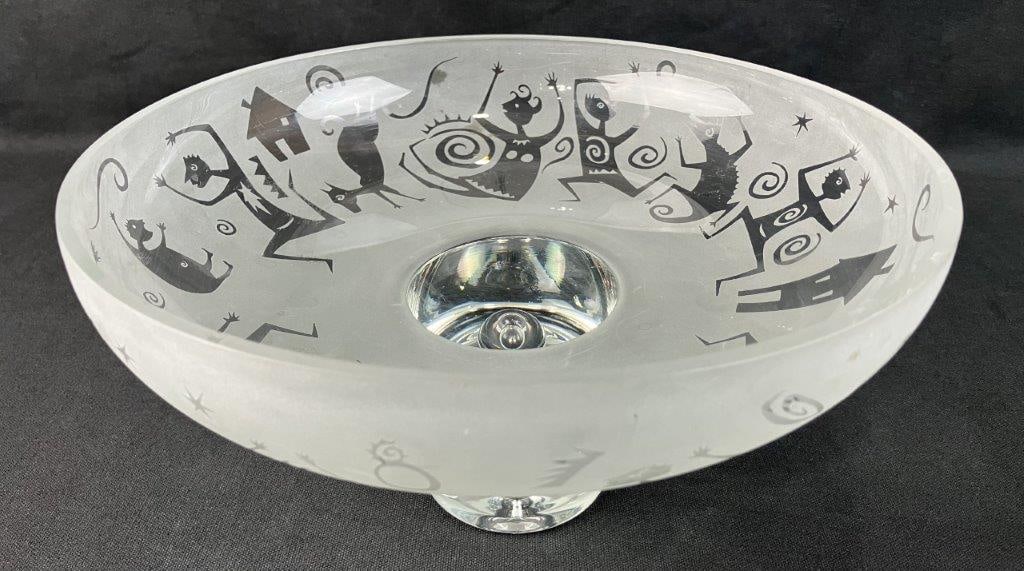 Leandra Drumm Art Glass Wedding Bowl: Etched and frosted art glass bowl featuring stylized modern figures dancing among stars and swirling motifs, illustrating stages of family life. Compote-style form on a pedestal base. Signature and