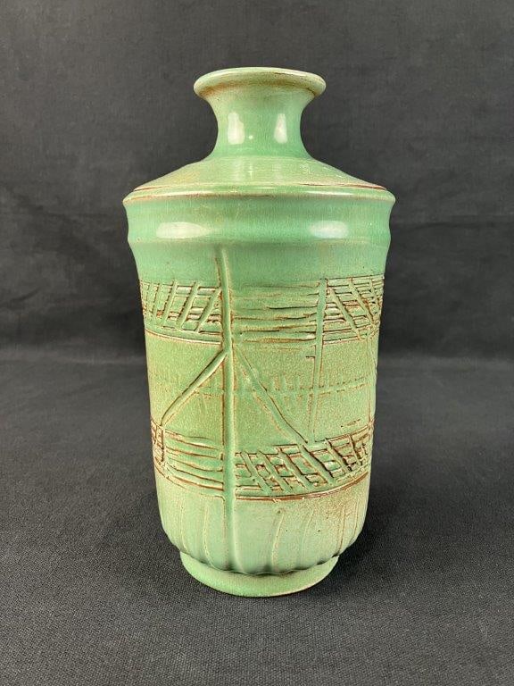 Studio Pottery Celadon Glaze Covered Jar - 5