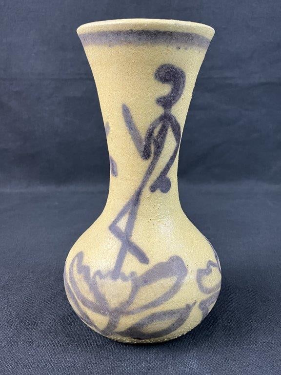 Ibarra Studio Pottery Vase: Studio pottery vase from Ibarra’s Pottery of La Paz, Mexico, known for multi-generational hand-painted redware produced in the Esterito neighborhood. These artisanal works often feature