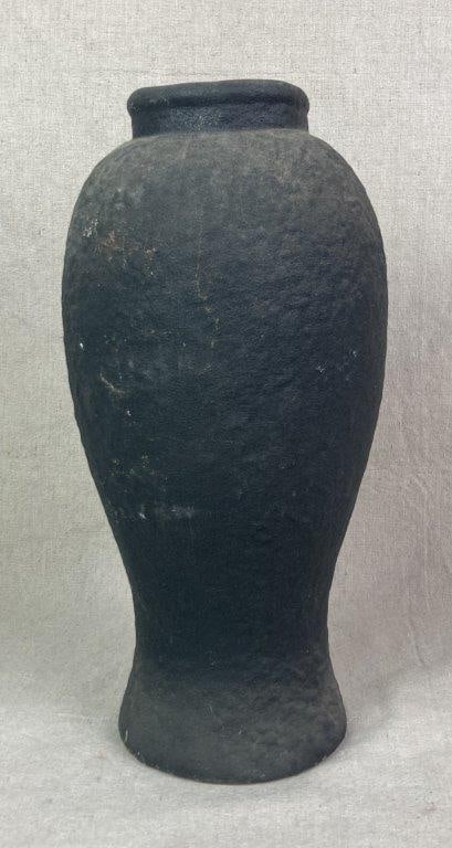 Mid-Century Modern Textured Vase: A ceramic vase finished with a matte black charcoal wash and sand-like textured surface, produced by Harris Potters of Chicago. Retains the maker's sticker on the underside. Measures approximately 14