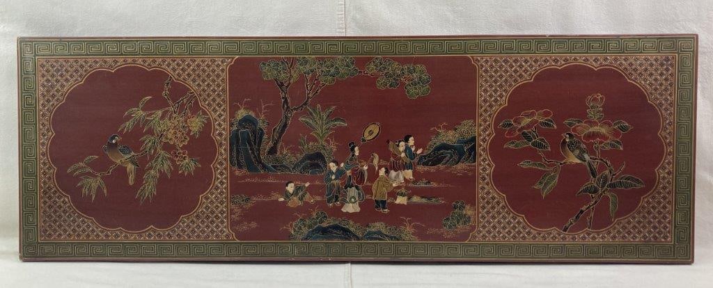 Chinoiserie Lacquered Wall Panel: Decorative Chinoiserie style lacquered wall panel featuring three painted sections. The two outer panels depict birds in a stylized landscape, while the central panel presents a narrative figural