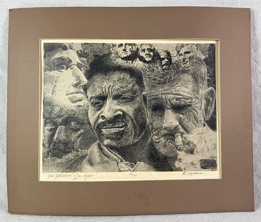 E.L. “Bud” Hopkins Texture of Age Americana Portrait Print, Mid Century: Print titled Texture of Age featuring two portraits of older gentlemen—one smoking a cigarette and the other appearing pensive and thoughtful—with Mount Rushmore in the background,