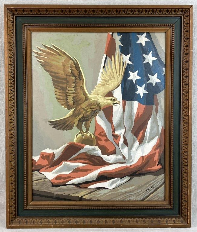 Patriotic Americana Eagle and Flag Painting: Americana painting depicting a bald eagle set against an American flag in a bold patriotic composition. Executed in 1972 and signed â€œLMâ€ with date, the work