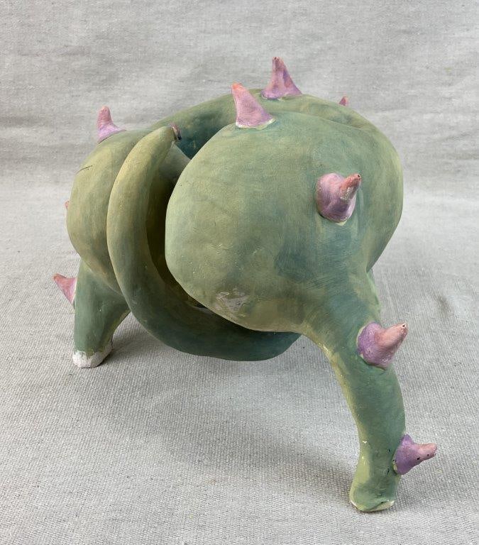 Theo Sable Modern Abstract Sculpture: Modern abstract ceramic sculpture by Theodora â€œTheoâ€ Sable, featuring an innovative hand-built form with sculptural spikes emerging from a flowing curving