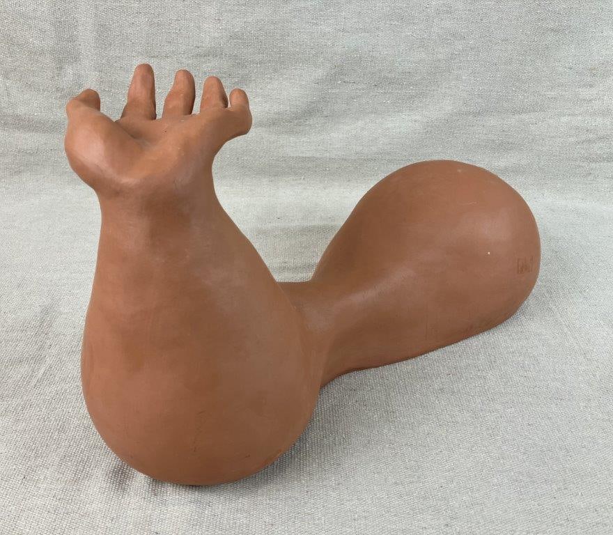 Theo Sable Modern Abstract Sculpture: Modern abstract sculpture by Theodora â€œTheoâ€ Sable, featuring an innovative hand-built form with an applied sculptural hand emerging from a flowing curving