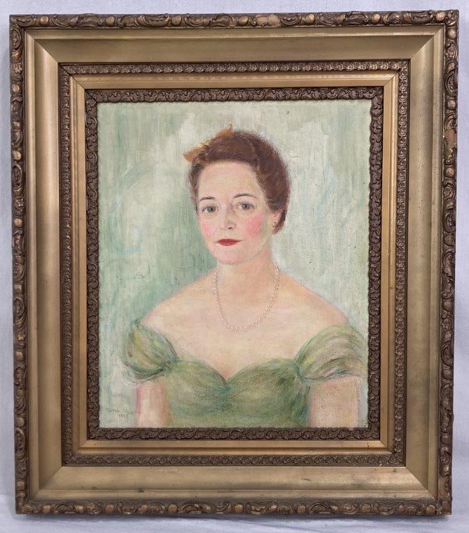 20th Century Portrait of a Woman: Oil portrait of a woman housed in a mid-19th century frame with applied molding and carved liners. Measures approximately 31â€³ H x 35â€³ W x 3 1/2â€³