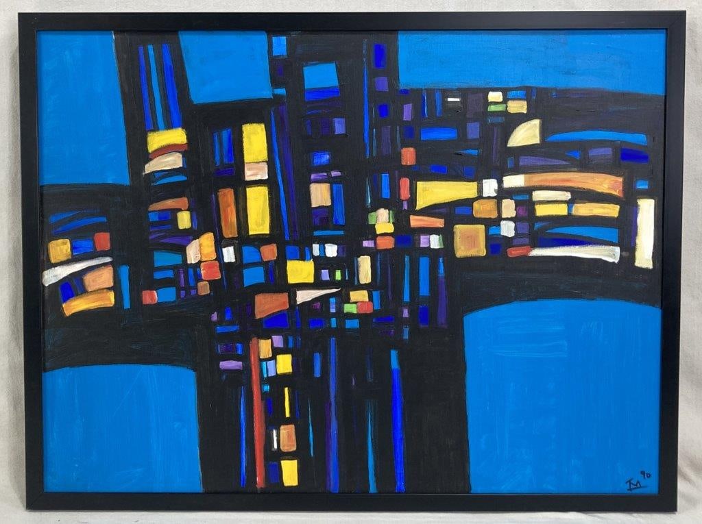 Walter Taft Bradshaw, Turquoise Treasure, Abstract Oil Painting: Original abstract oil painting on canvas by the North Carolina artist. The composition features a dynamic interplay of multicolored geometric shapes encapsulated within a central black mass, set