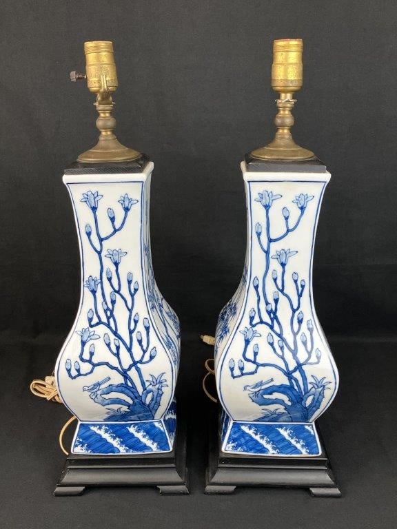 Pair of Blue and White Porcelain Lamps - 3