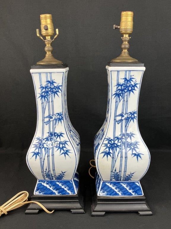 Pair of Blue and White Porcelain Lamps - 4