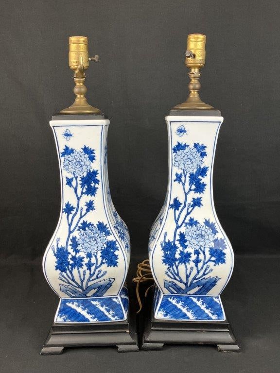 Pair of Blue and White Porcelain Lamps - 6