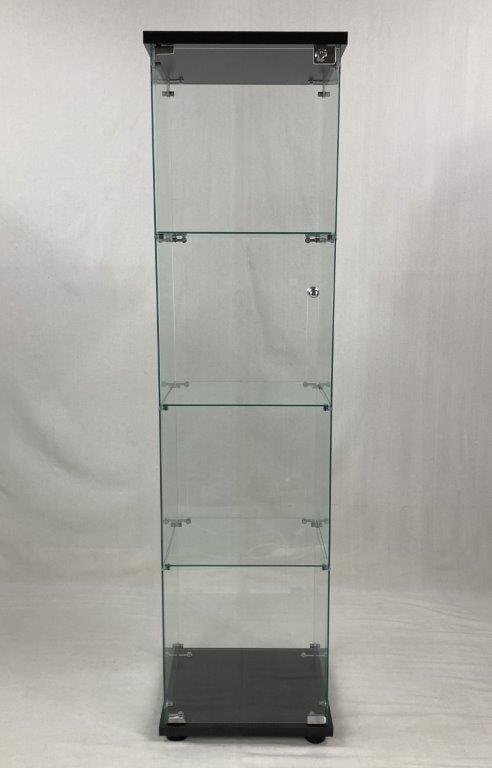 Modern Glass Display Cabinet: A substantial glass display case of vertical form, featuring glass panels encircling the frame for maximum visibility. The cabinet is equipped with a locking mechanism and includes keys, making it