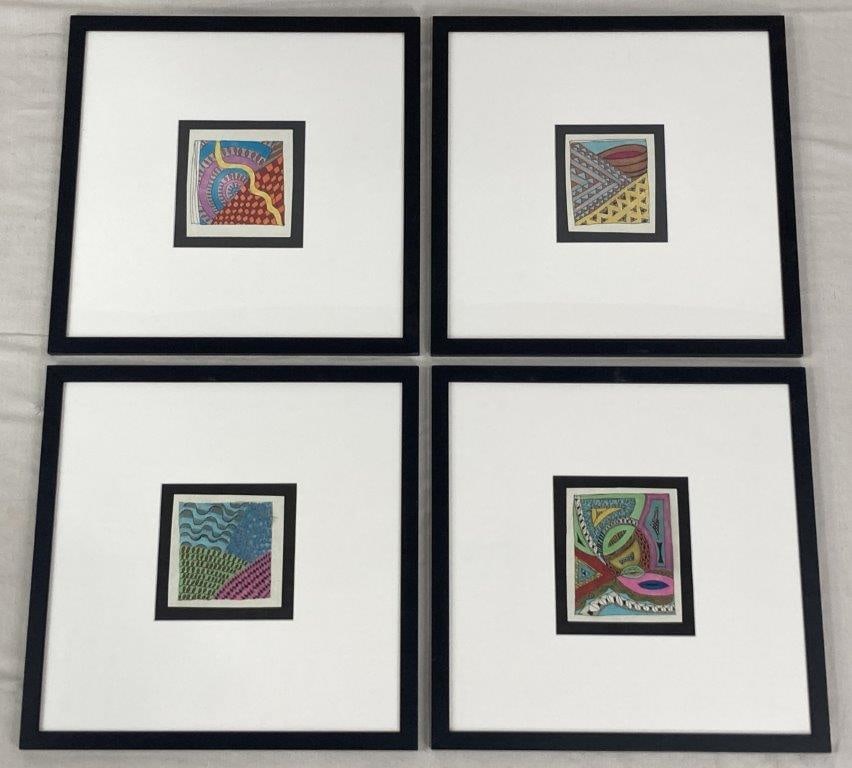Four Abstract Studies: A set of four pen and watercolor abstract studies on textured paper in a zentangle style, each featuring sections of intricate abstract patterns. One composition includes wavy blue lines with a