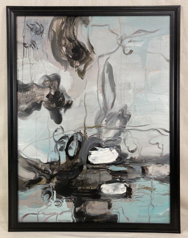 The Storm Awakes the Clouds, Abstract Oil Painting: Original abstract oil painting on canvas by Truman Lance, featuring dynamic, gestural marks in a palette of grey, black, and white. The composition depicts a swirling abstract mass descending from