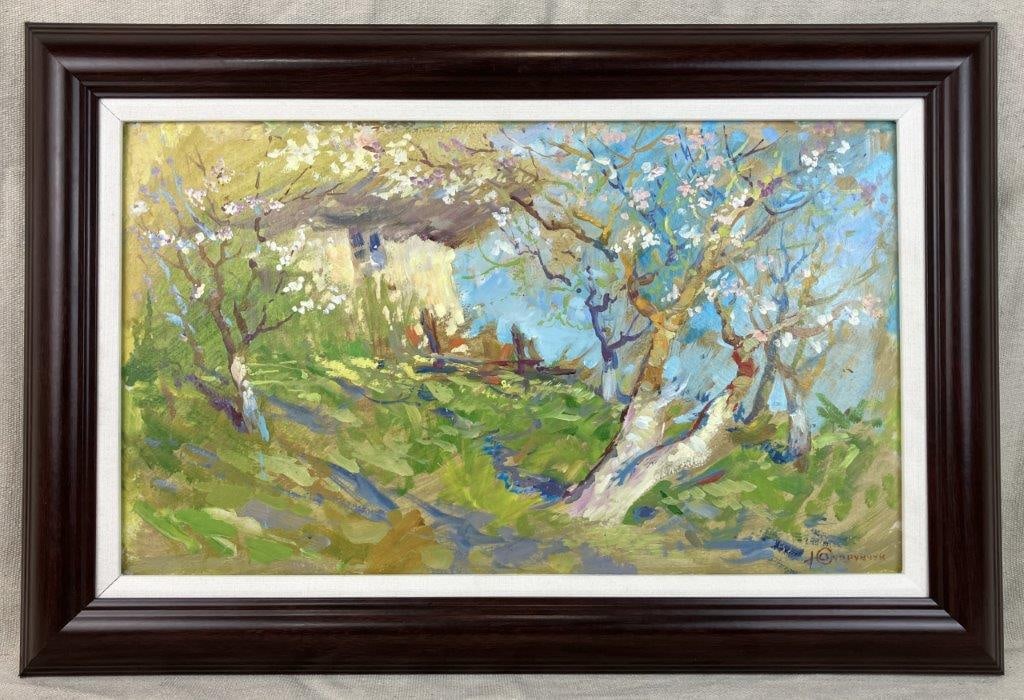 Yuri Suprunchuk Landscape Oil Painting: Oil on canvas signed by the artist depicting a verdant landscape with flowering trees and a country cottage, rendered in soft pastel tones with predominant blues and greens and expressive brushwork.